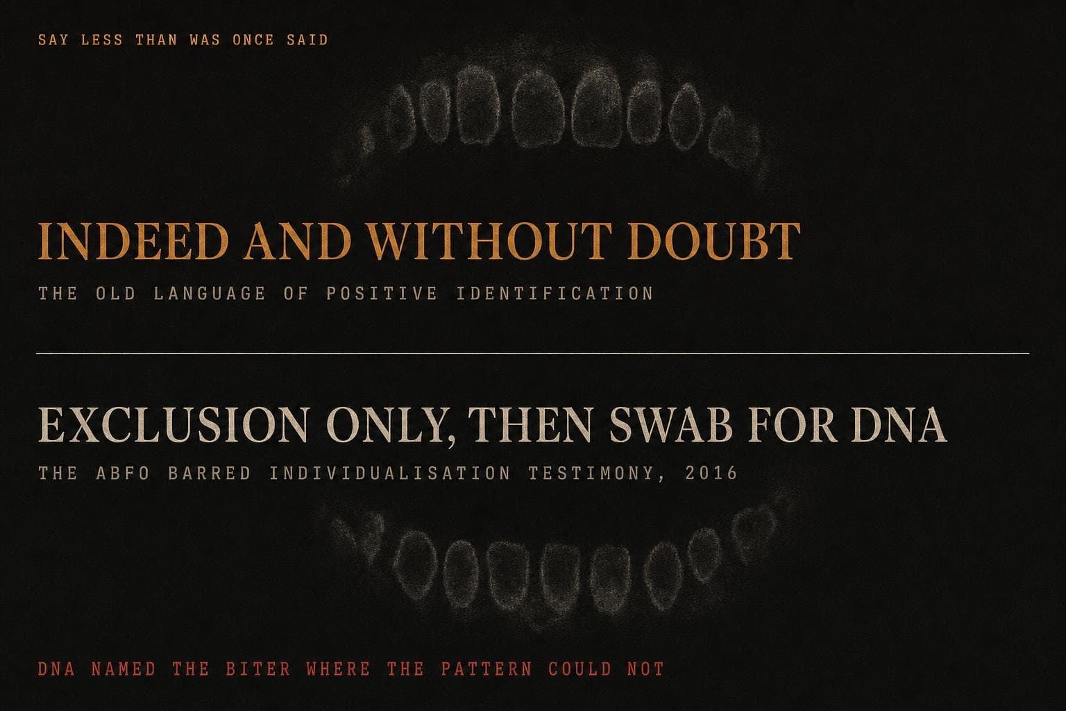 A data plate contrasting the old language of positive identification, indeed and without doubt, with the current position of exclusion only and swabbing the mark for DNA.