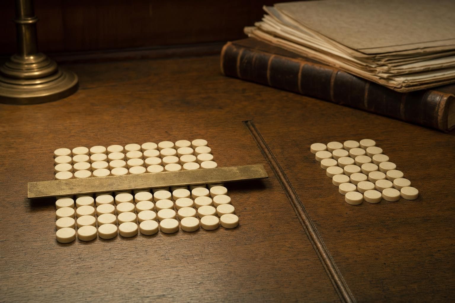 On aged oak, small identical ivory tokens sorted cleanly into two perfect groups on either side of a carved dividing groove, while an old brass measuring rule laid across one group is grossly the wrong length for the tokens beneath it, far too long.