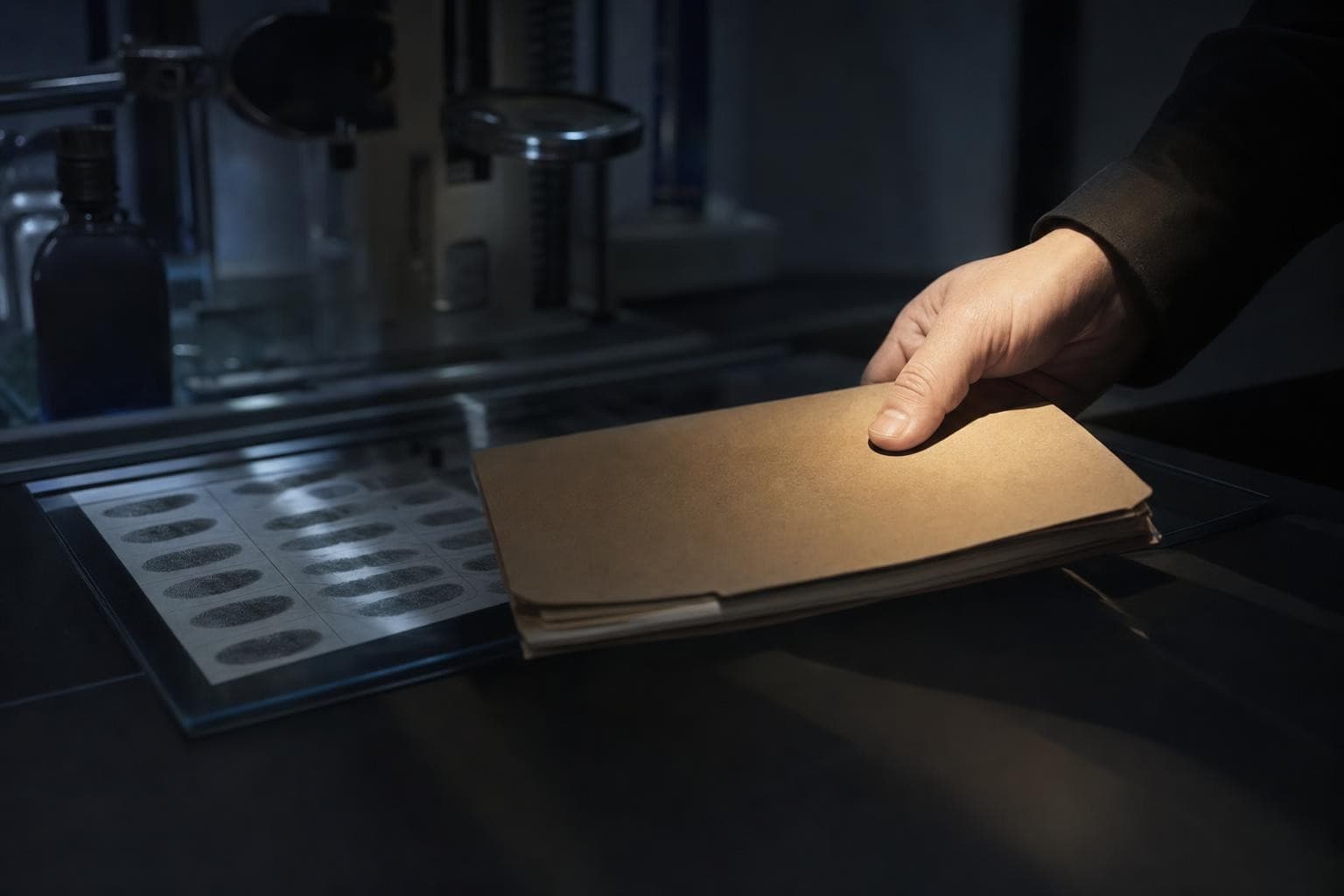 In cool low light, a colleague’s hand setting a closed case file down on top of a set of fingerprints waiting on an examiner’s bench.