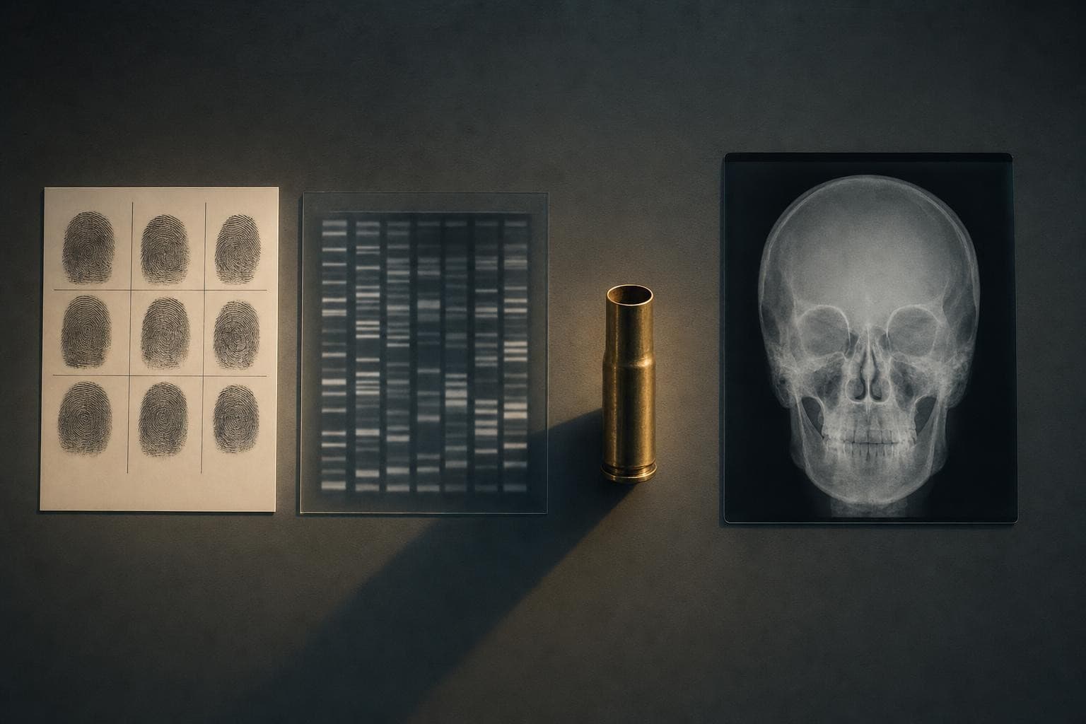 Four forensic exhibits of equal visual weight in a row in cool light — a fingerprint card, a sheet of DNA gel film, a spent cartridge case, and a full-size skull radiograph — their shadows all pulled the same way by one warm light.