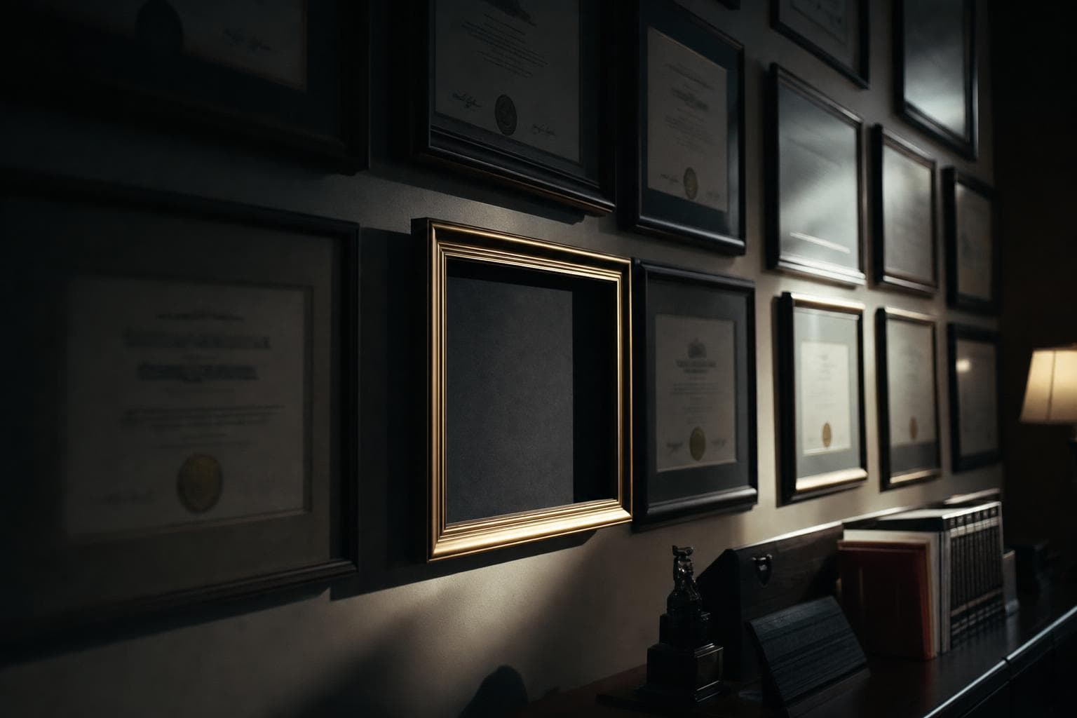 A dim wall densely hung with framed diplomas and certificates, glowing and impressive, with one conspicuously empty frame among them.