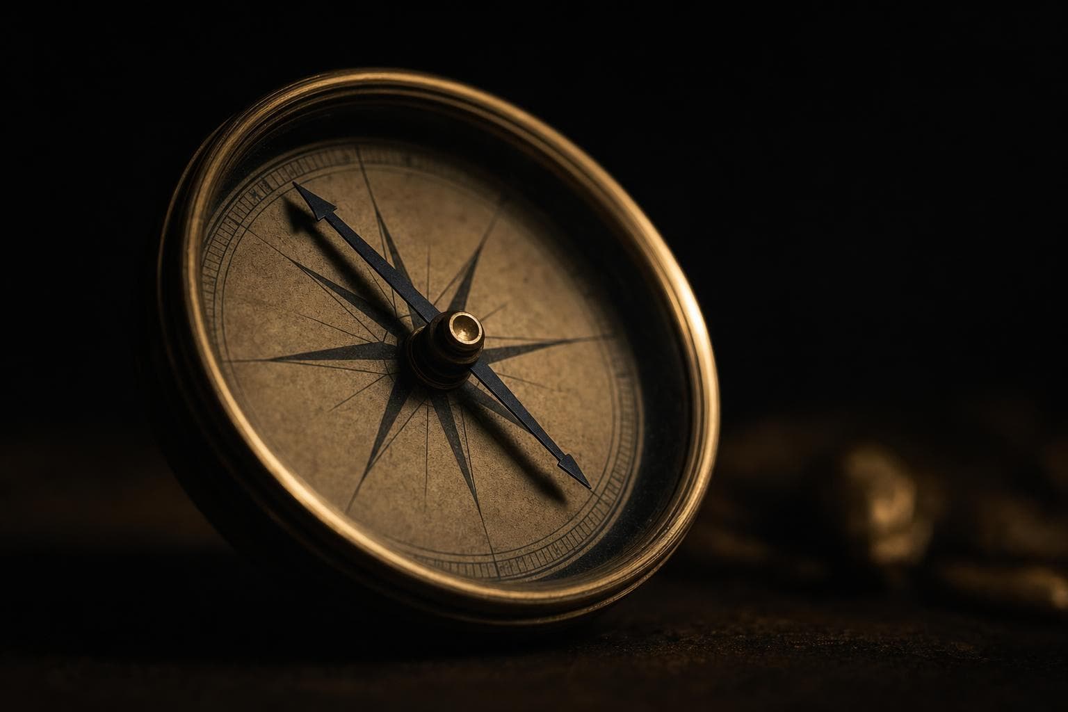A precise brass compass on a dark surface, its needle pulled visibly off true by an unseen magnet, pointing confidently in the wrong direction.
