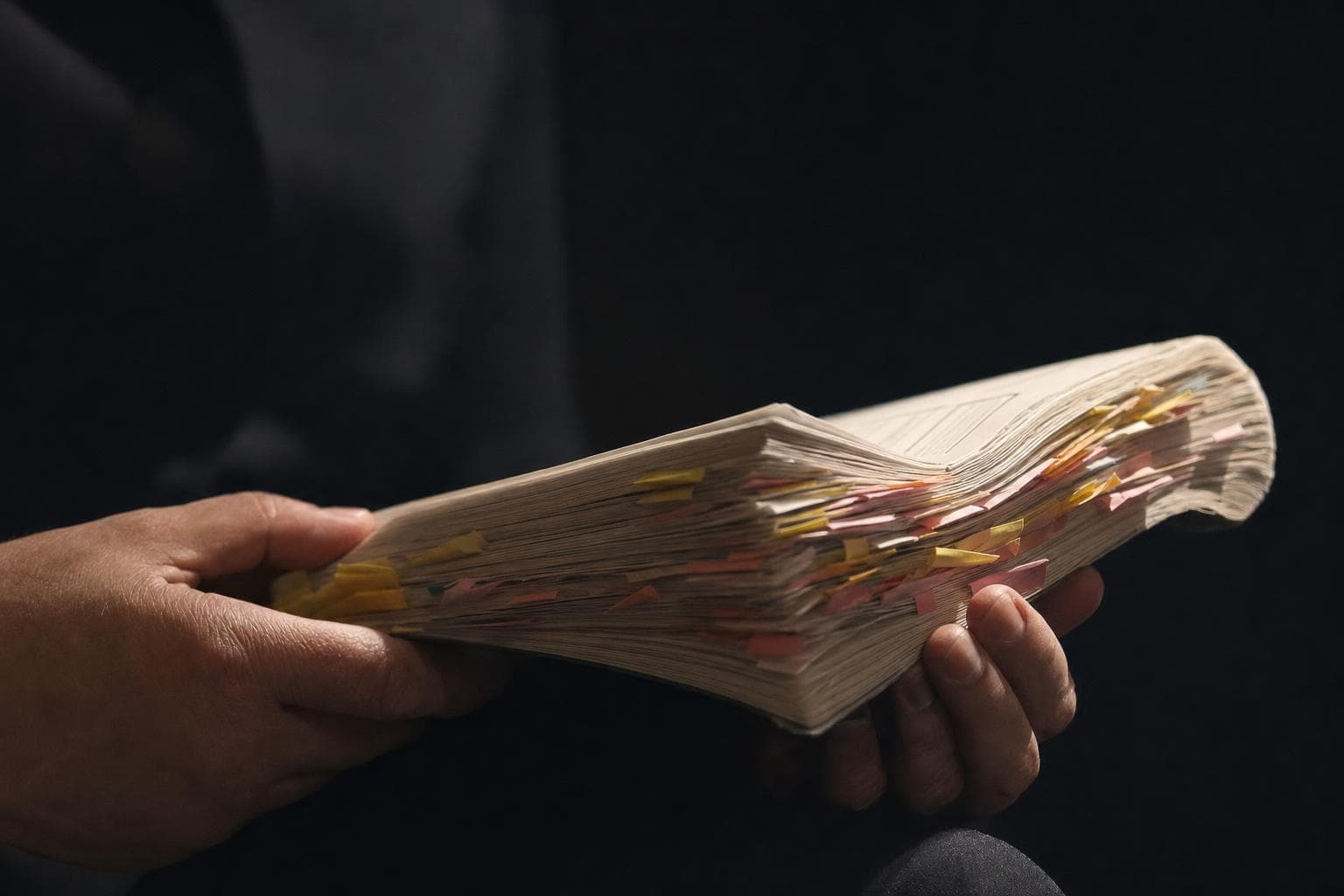 A thick official report held open in two hands under a hard light, its page edges bristling with dozens of coloured tabs from heavy study.