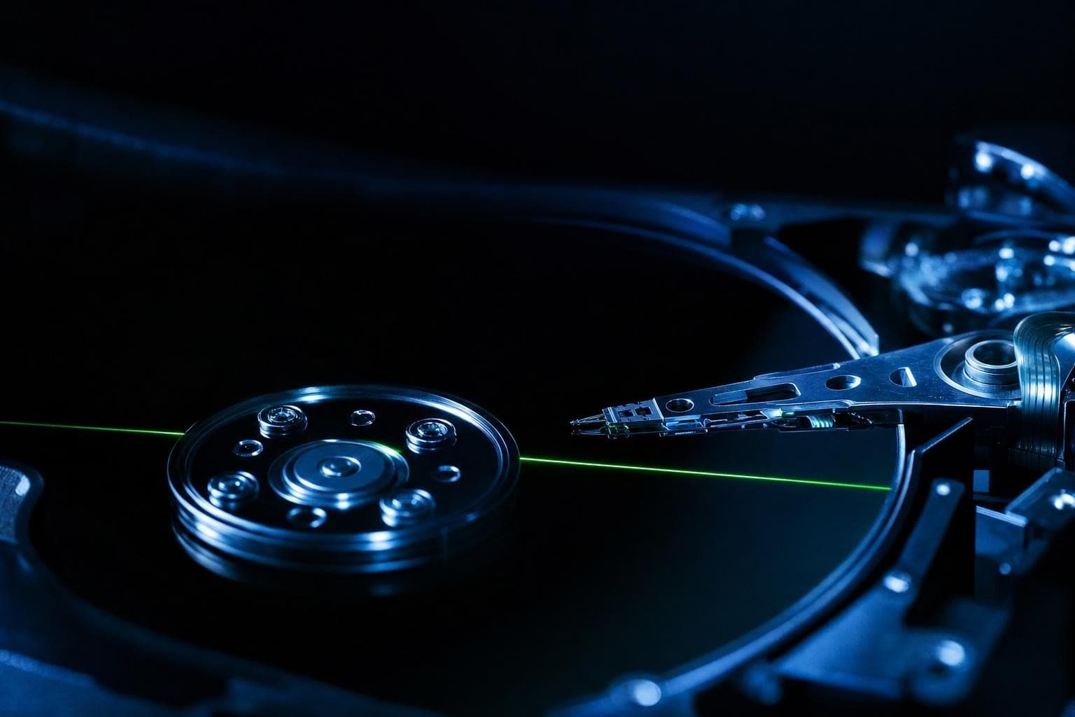 An extreme macro view inside a hard drive in the dark: the mirror-black platter fills the frame, the read-write head poised a hair above it, the whole surface lit cold electric-blue with a single thread of green light tracing across it.