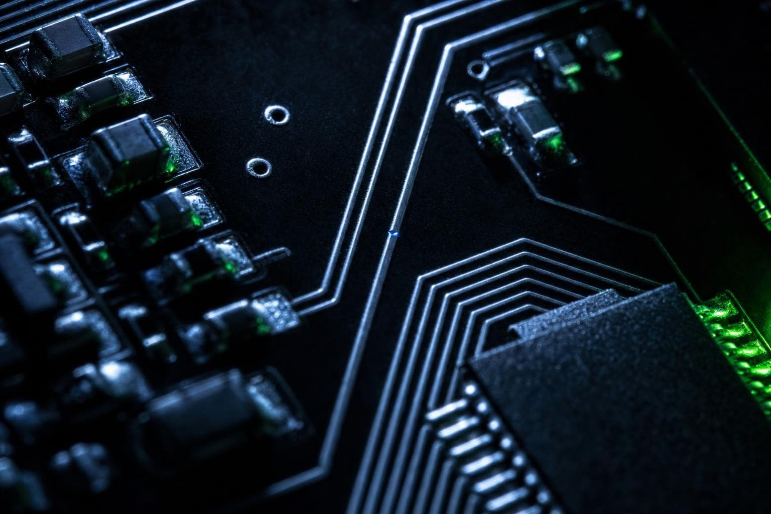 An extreme macro of a flawless circuit board, its dense copper traces gleaming and orderly, with one single hairline fracture splitting one trace in two, the broken gap glowing faint cold blue, almost invisible against the perfect rest.
