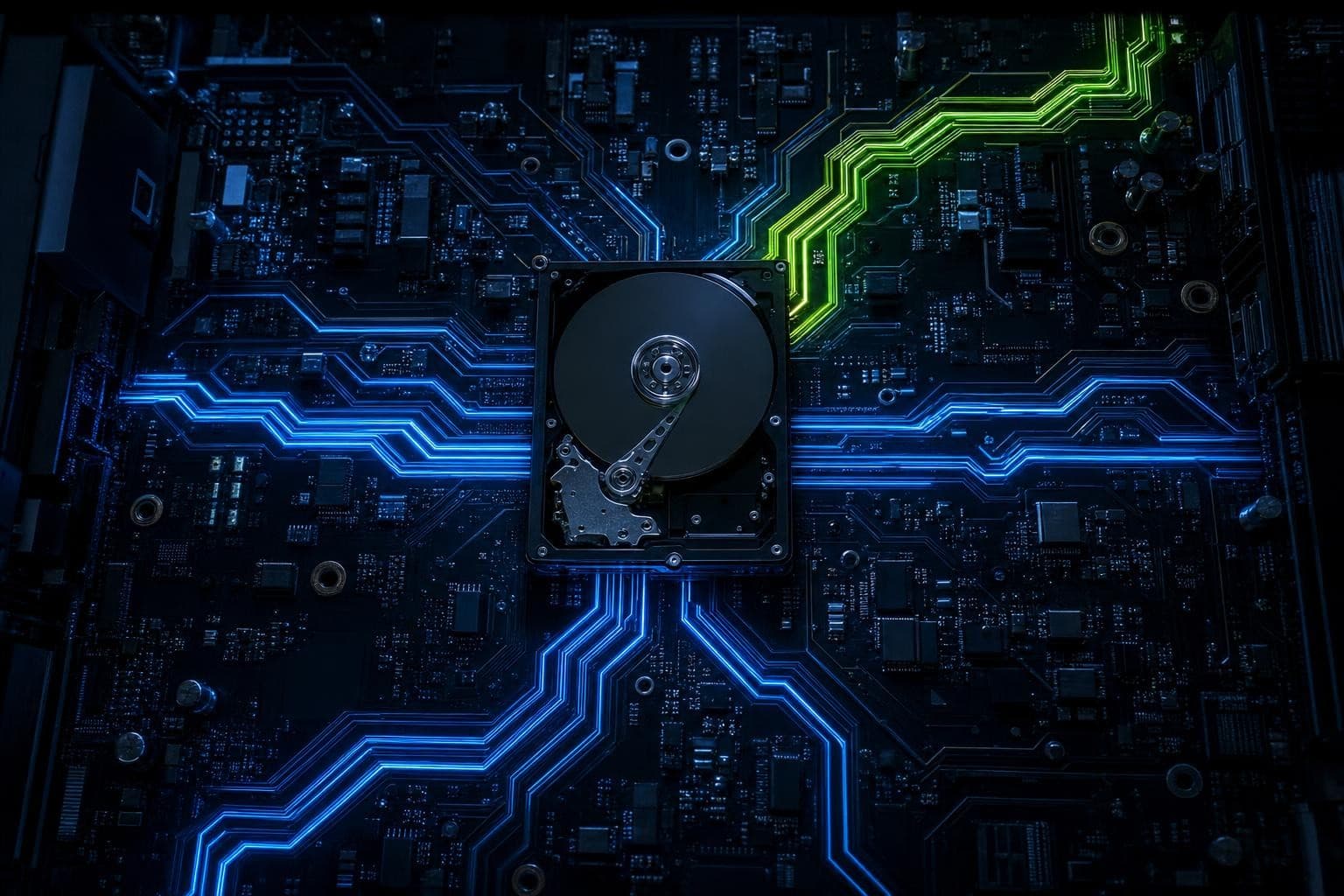 An overhead macro of one black drive at the centre of a dark board, with four glowing circuit traces branching out of it in four sharply different directions, three of them electric-blue and one diverging trace burning green.