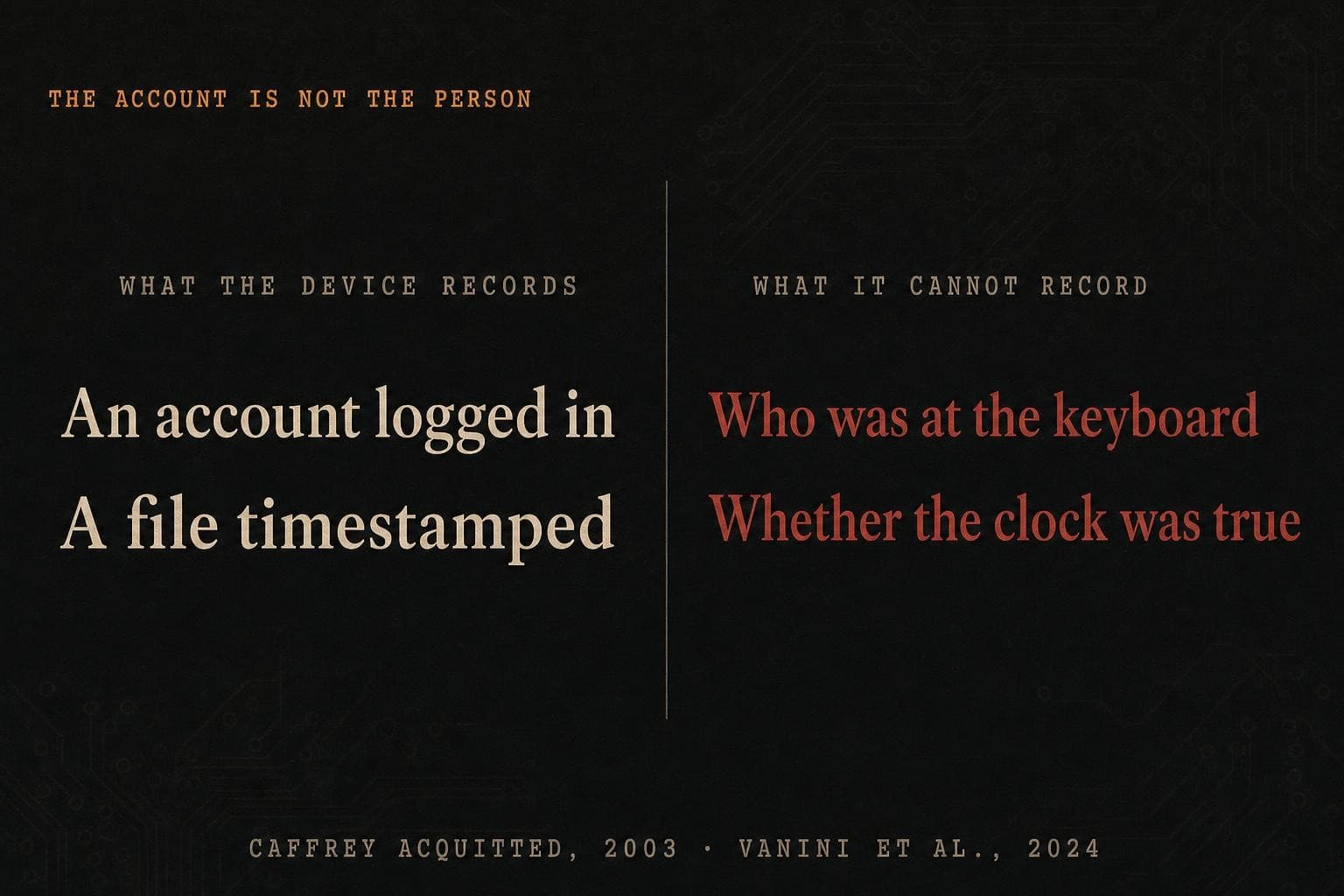A data plate contrasting what a device records (an account logged in, a file timestamped) with what it cannot record (who was at the keyboard, whether the clock was true).