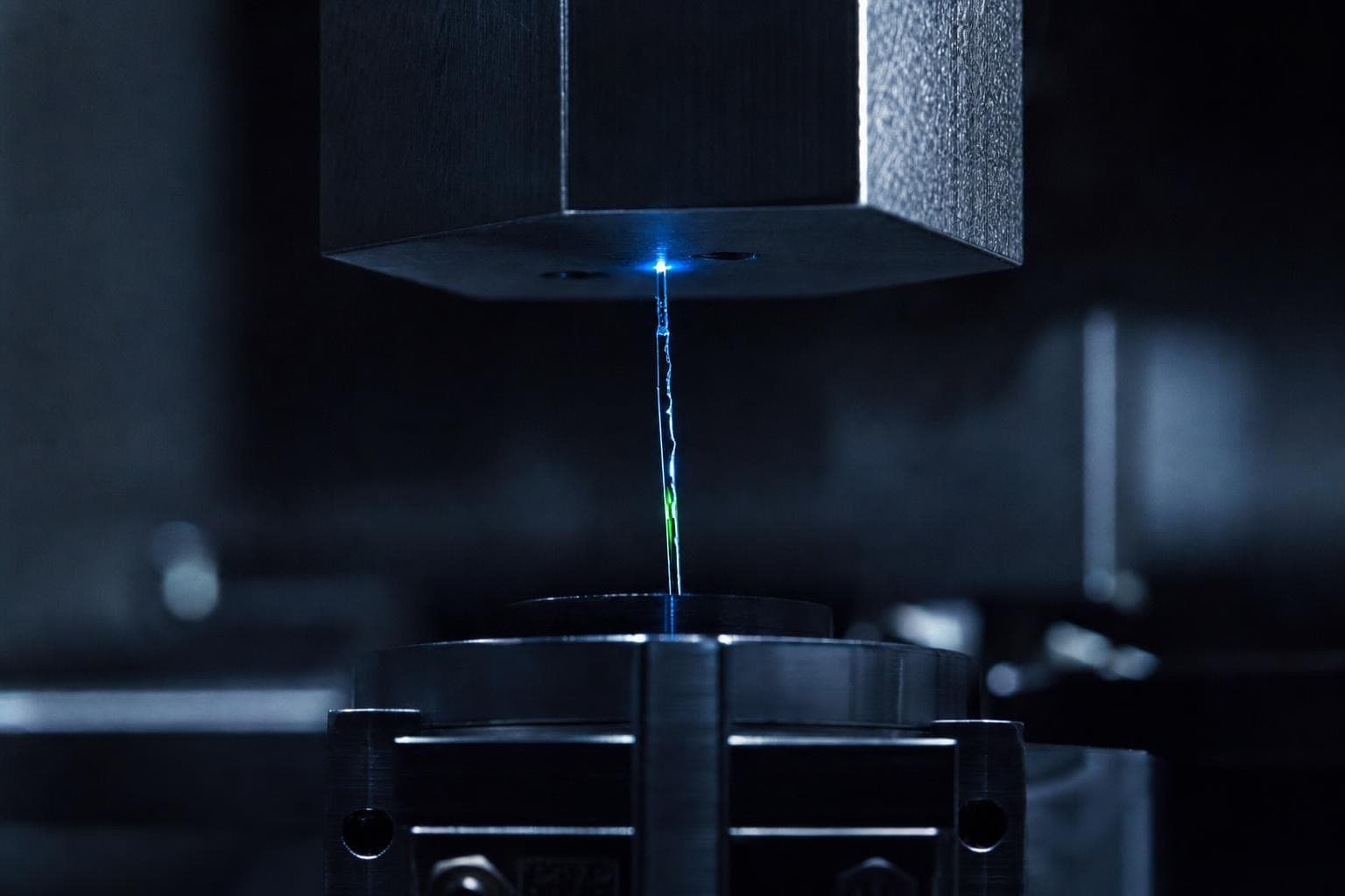 A heavy polished gunmetal block balanced on the tip of one single hair-thin glass fibre that is visibly bowing and beginning to fracture under the weight, the crack glowing cold blue, the whole structure an instant from collapse.