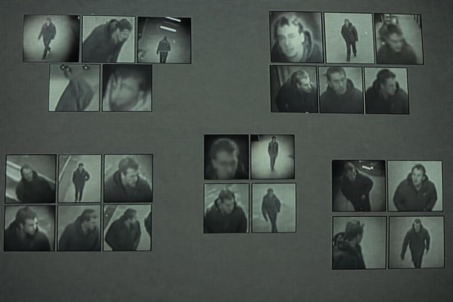 A row of surveillance stills of the same anonymous person, each frame so different in angle, light and expression that the captures read as several different people, separated into a few distinct groups as though sorted by identity.