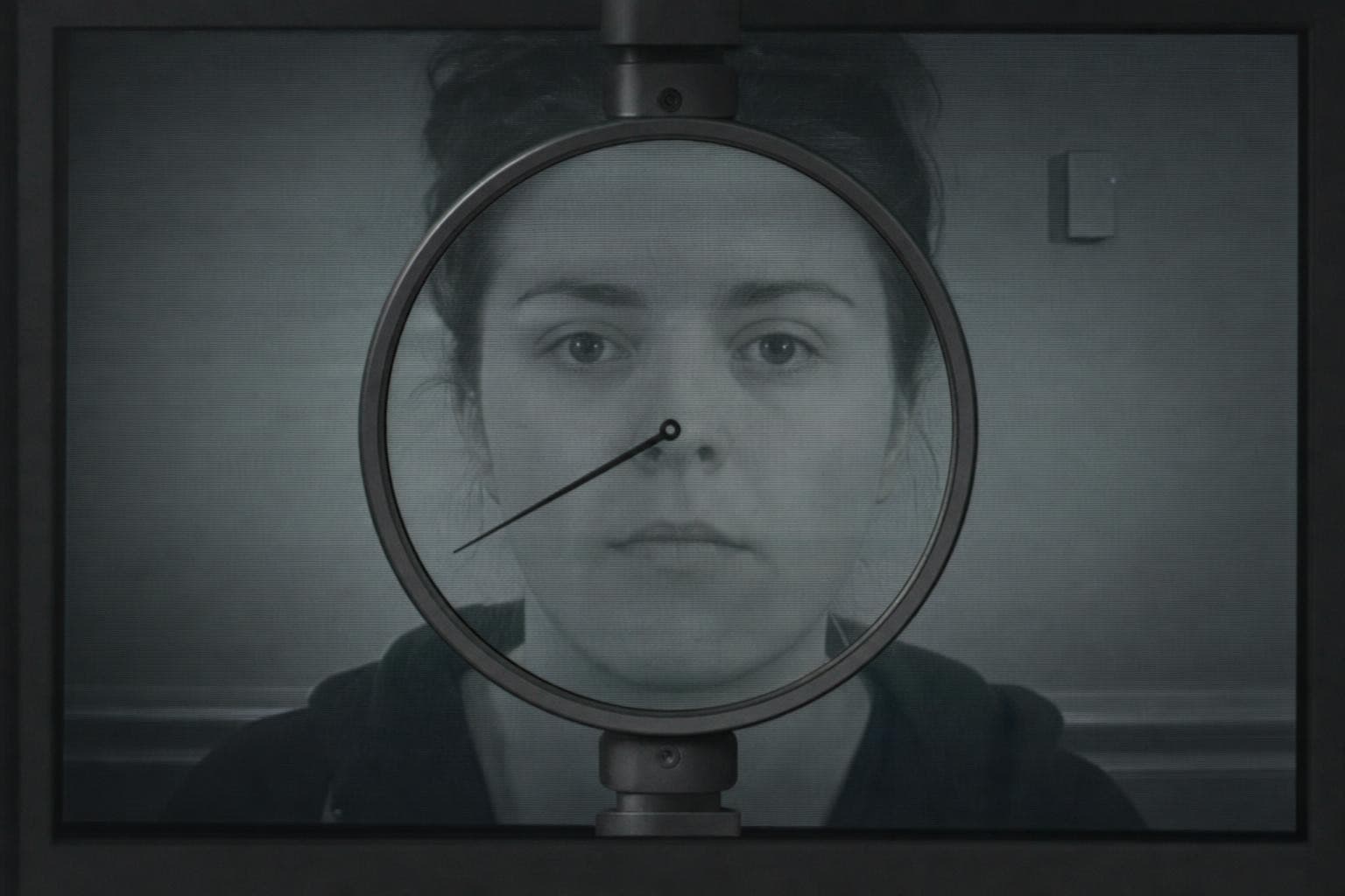 A round measuring gauge mounted on a surveillance screen over an anonymous face, its needle resting on a completely blank dial with no scale, no numbers and no markings, an instrument pointing at a face but measuring nothing.