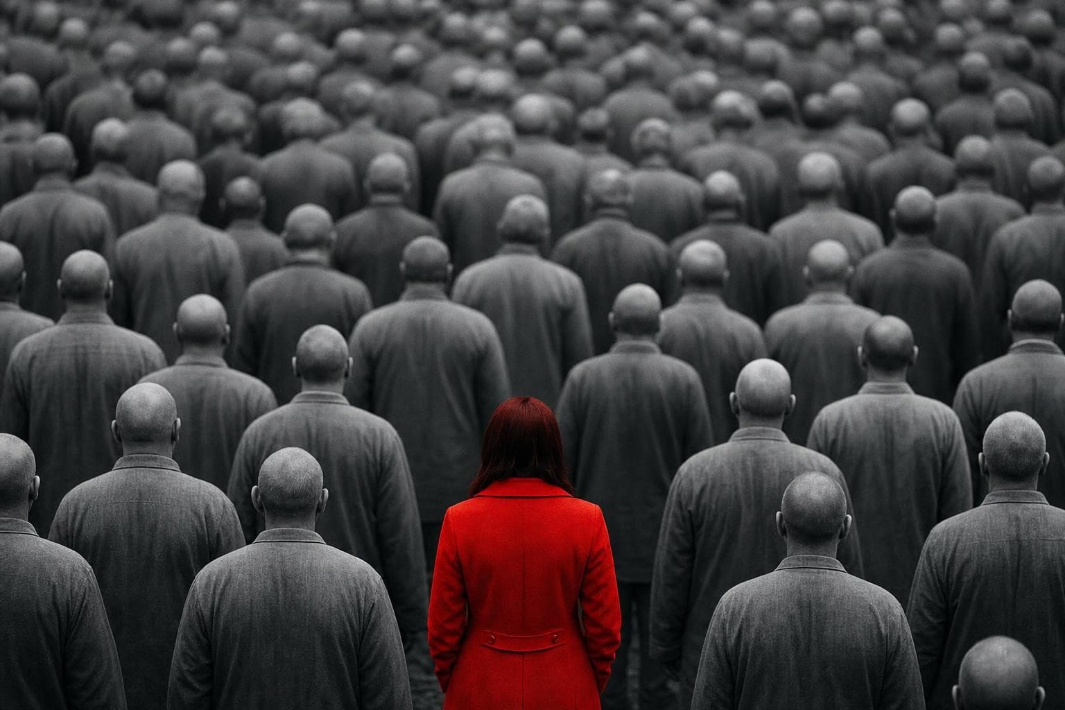 A single person seen from behind in sharp focus, the one vermilion-red figure, set against a vast out-of-focus grey crowd stretching away behind them.