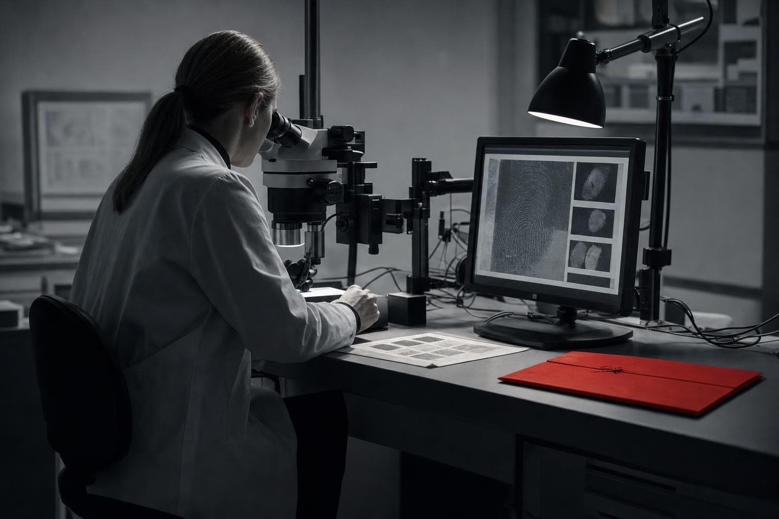 A desaturated grey lab where a second examiner re-examines prints at their own workstation, the first examiner’s conclusion set face-down beside them as a single red folder, hidden from them.