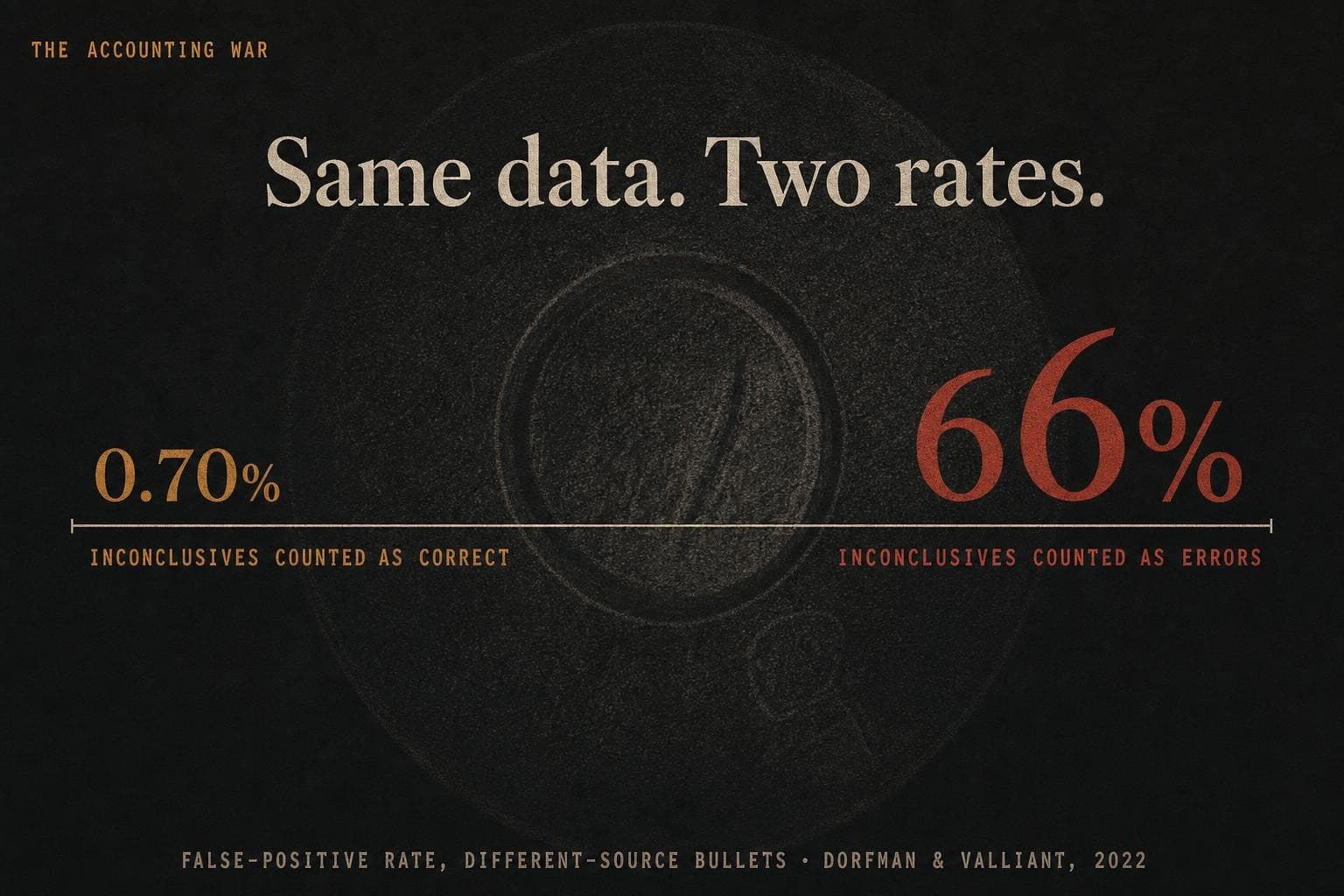 A data plate: a horizontal axis with '0.70%' in amber at the far left (inconclusives counted as correct) and a much larger '66%' in red at the far right (inconclusives counted as errors), from the same different-source bullet data.