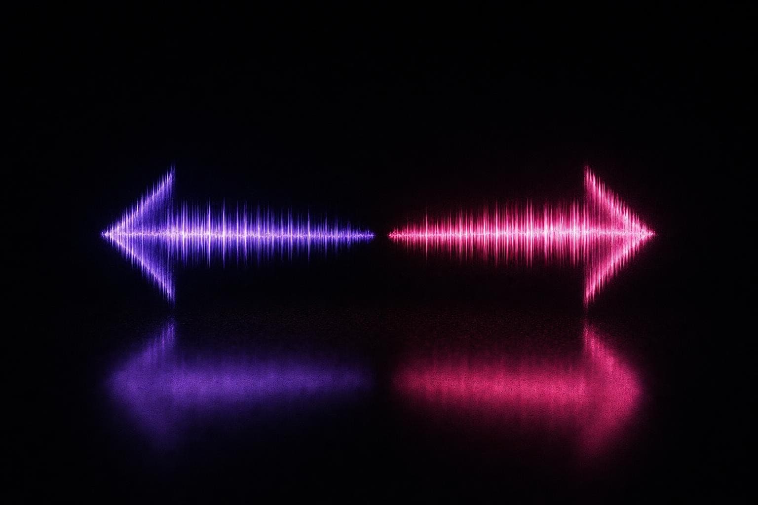 In darkness, a single glowing violet arrow of light points cleanly one way while a hot-magenta arrow points back against it, the reversed arrow brighter and wrong, illustrating an inverted conditional.