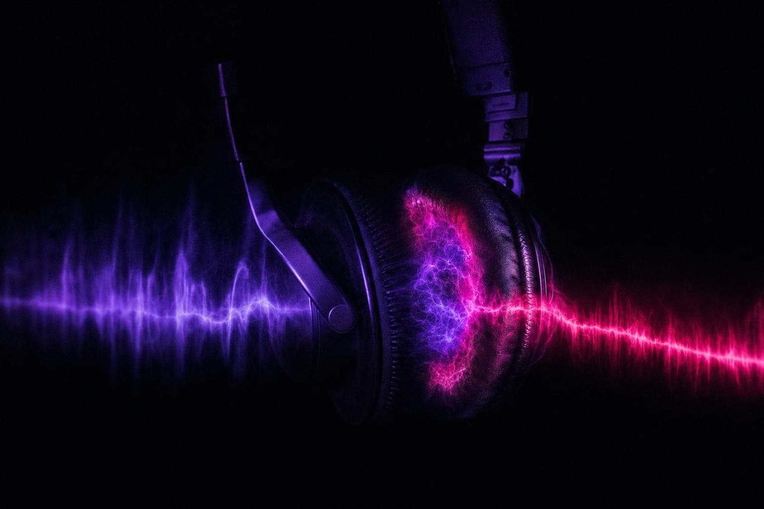 In the dark, a single pair of studio headphones with the clean violet voice-signal flowing into one ear cup while a second, unwanted stream of hot-magenta sound-light bleeds in from outside and contaminates the same ear, two signals merging where only one should reach the listener.