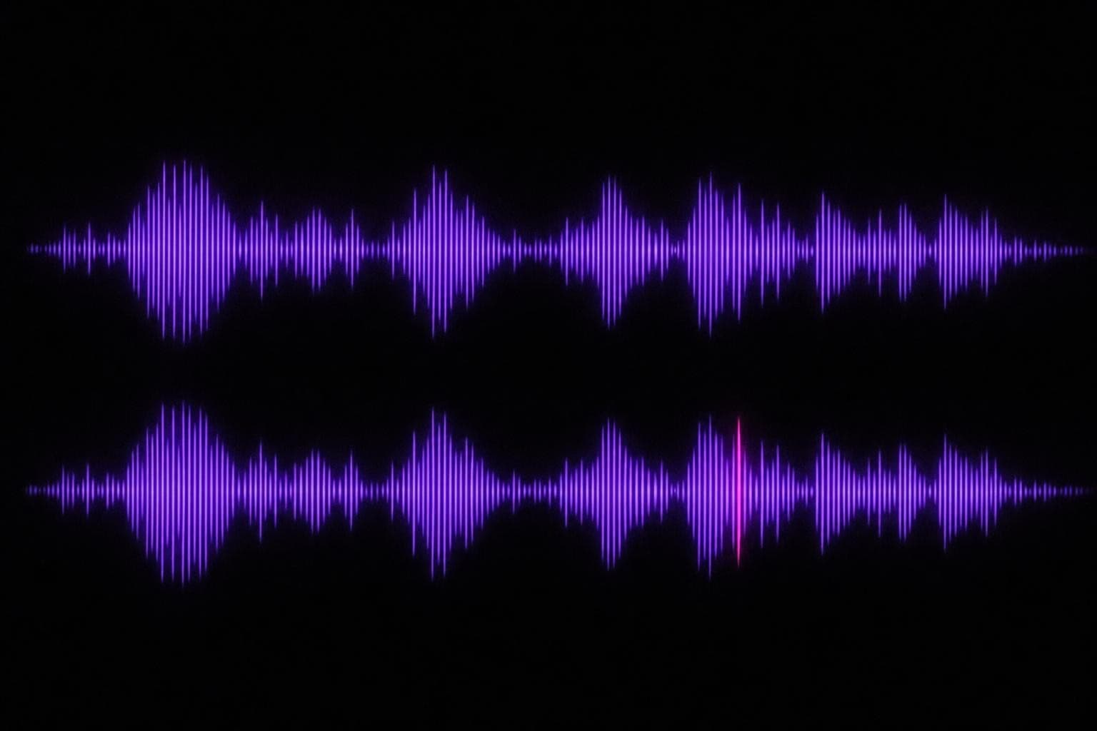 Two long glowing violet waveforms stacked in the dark, nearly mirror-identical, one real and one a synthetic copy, with a single fabricated peak in the lower copy flaring hot magenta, hiding among hundreds of honest spikes.
