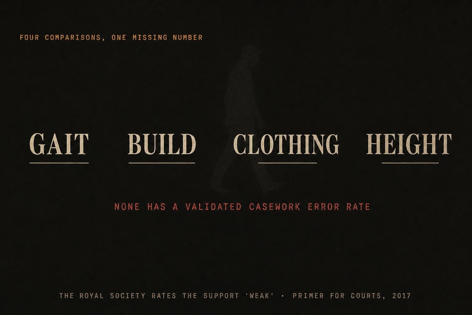 A data plate: four comparisons — gait, build, clothing, height — under a single red verdict that none has a validated casework error rate.