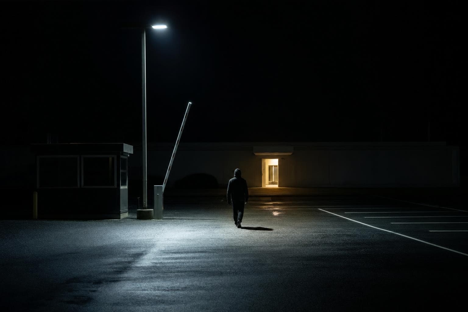 A lone anonymous figure walks out of the dark car park, through the single pool of lamplight, and straight on toward a lit open doorway in a building ahead, an unmanned barrier raised and no one stopping it, the figure passing through unchecked.