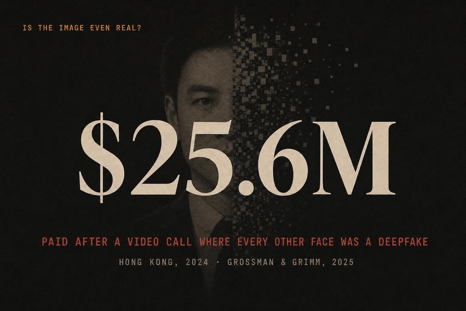 A data plate: the giant figure '$25.6M' paid by a finance worker after a video call in which every other participant was a deepfake.