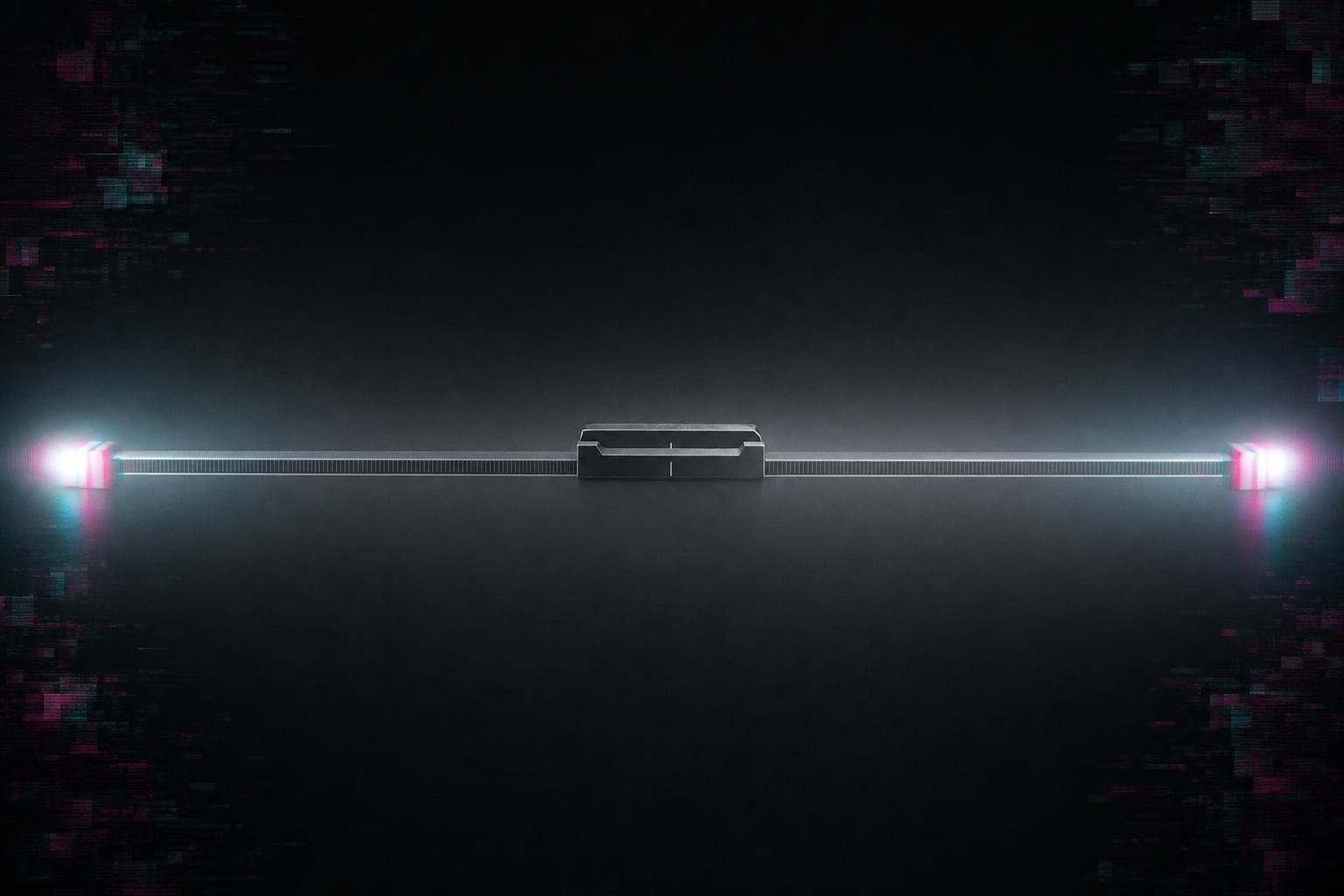 A long horizontal graded slider running through a near-black space between two hard bright certain poles at its far ends, a single machined marker held deliberately in the soft fogged grey middle of the track rather than pushed to either end, a faint magenta-and-cyan split fringing the bright poles.