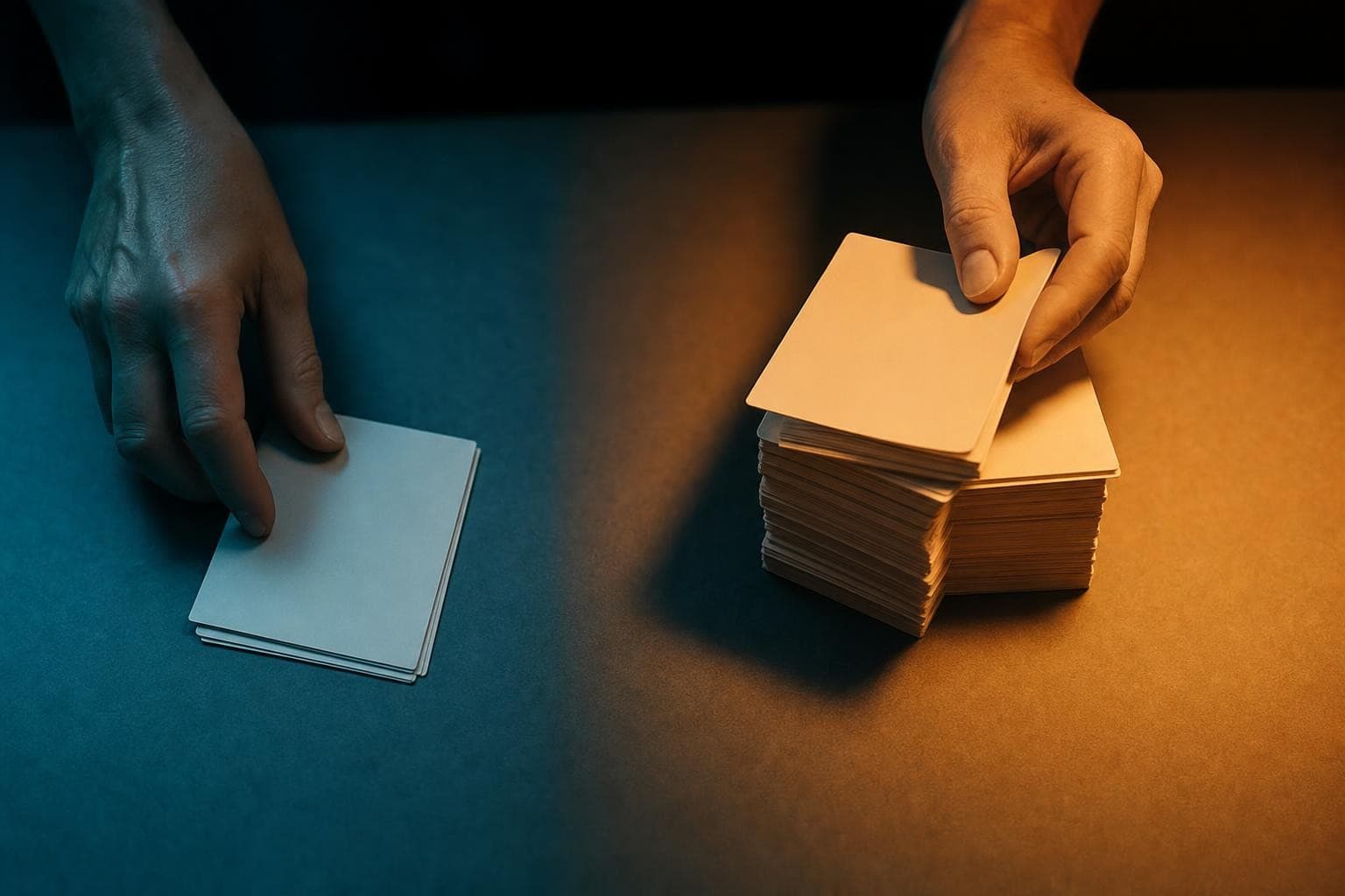 A researcher’s hands sorting result cards into two piles: a tall counted pile in warm amber light and a small set-aside pile pushed into cool teal shadow.