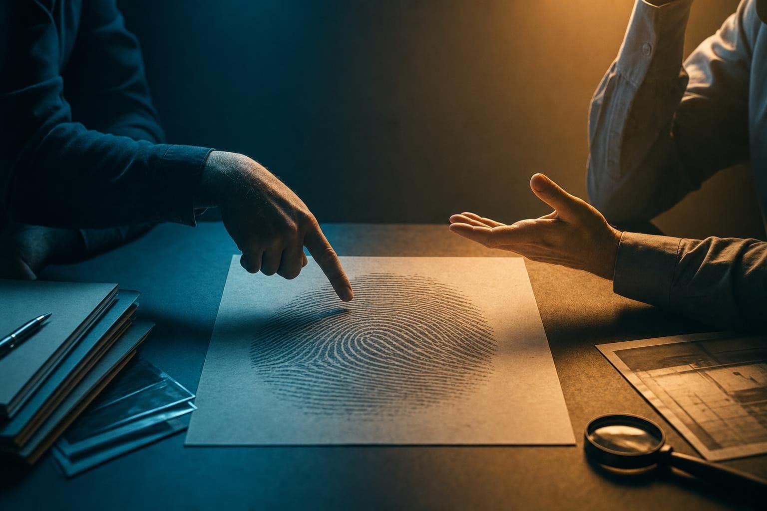 Two experts on opposite sides of a table with the same enlarged fingerprint between them, mid-disagreement, one side lit cool teal and the other warm amber.