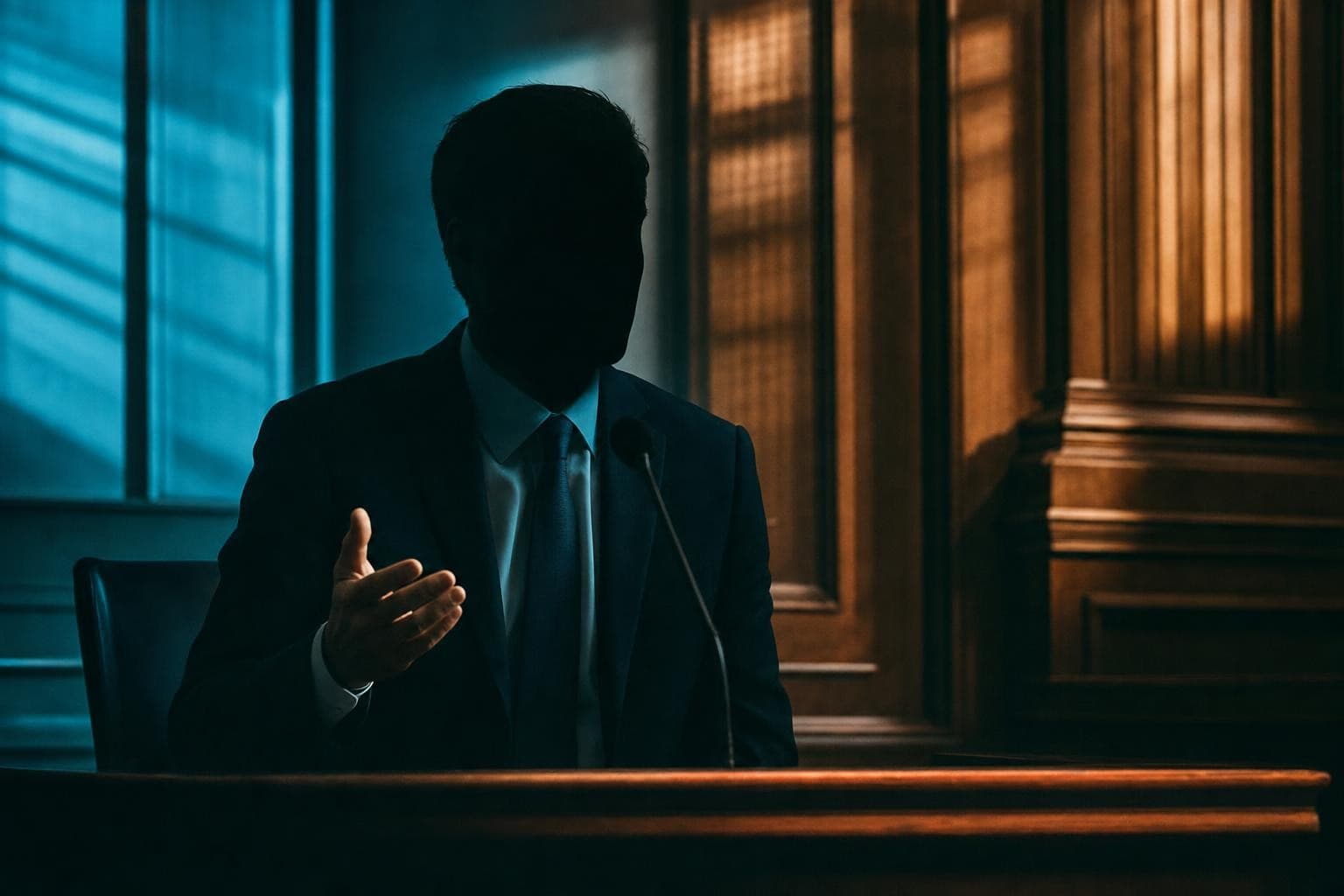 An expert witness in the box mid-answer, composed, one hand slightly raised, lit in a teal-and-amber duotone.