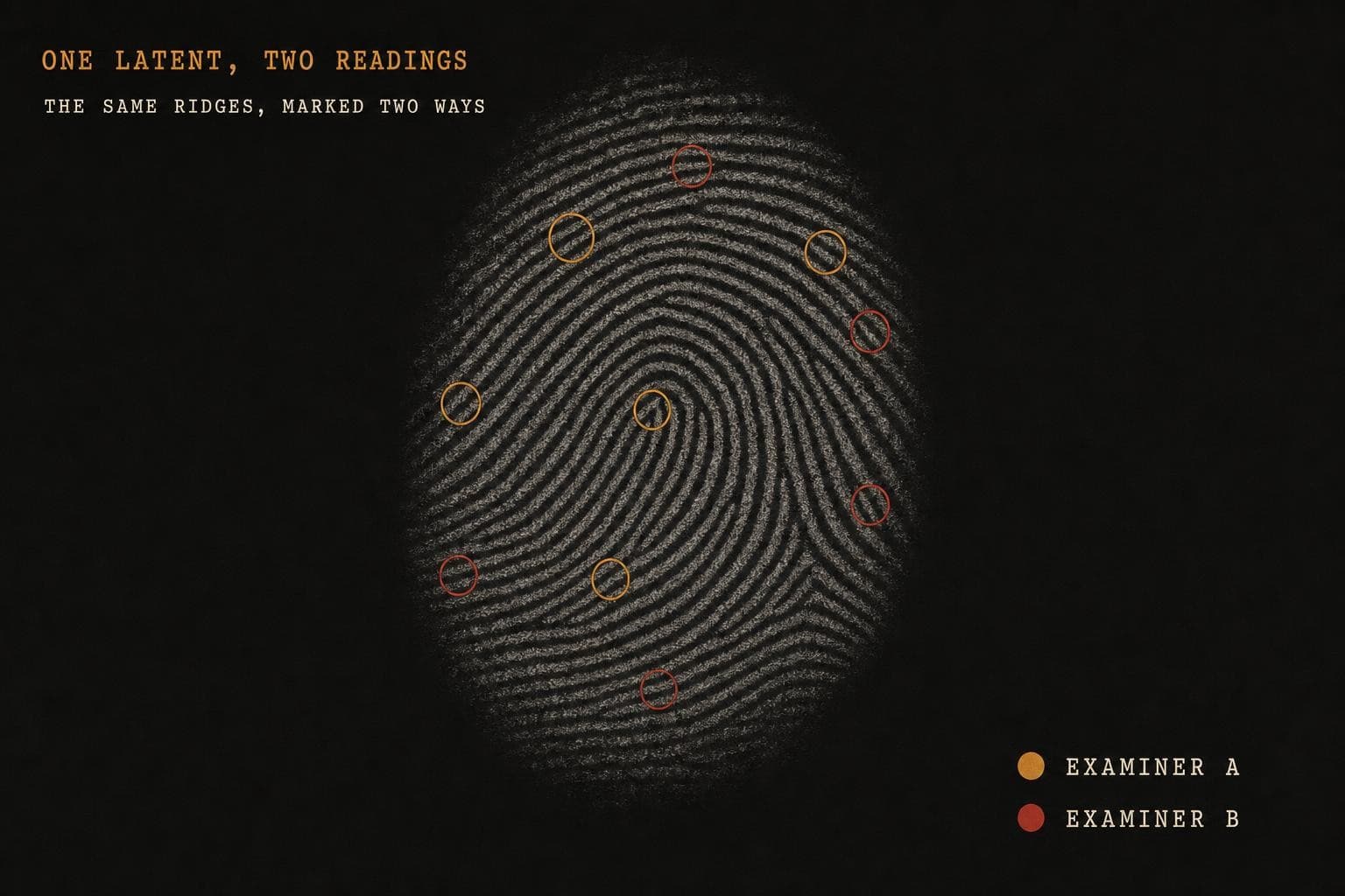One large fingerprint marked up by two examiners: a set of amber circles rings certain ridge features and a set of crimson circles rings different ones, showing the two examiners relied on different minutiae.