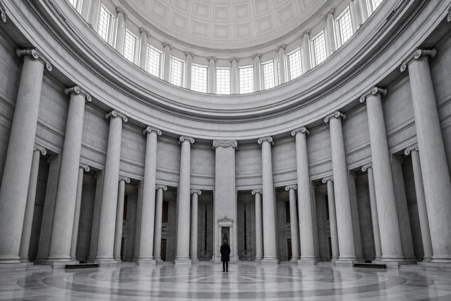 A single small figure standing alone at the foot of a vast marble courthouse rotunda, dwarfed by towering grey stone columns rising into a coffered dome under flat overcast daylight.