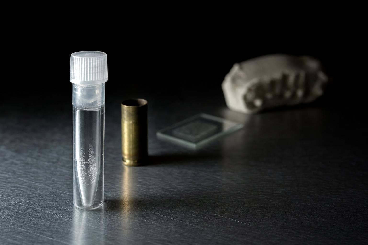 A line of different forensic evidence items receding across a dark surface, the nearest lit sharp and bright, each one behind it fading further into shadow and blur.