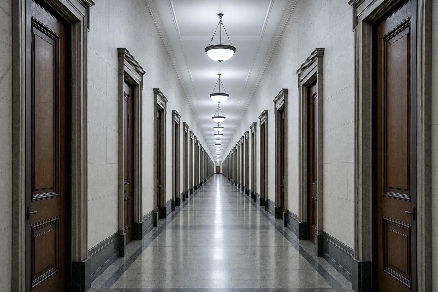 A long institutional corridor lined with identical closed courtroom doors receding to a distant vanishing point, each door the same as the last.