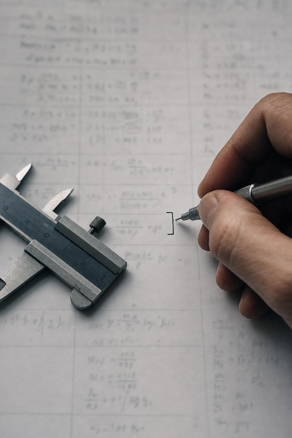 Looking straight down on a technical worksheet where a hand is bracketing a measured value with a clear plus-or-minus range in pen, steel calipers resting alongside.