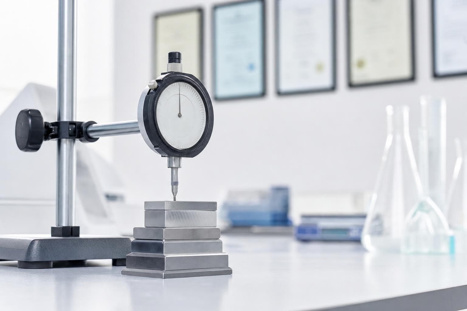 A precision dial gauge being checked against polished steel calibration blocks on a bright laboratory bench, a row of framed certificates hanging softly out of focus on the wall behind.
