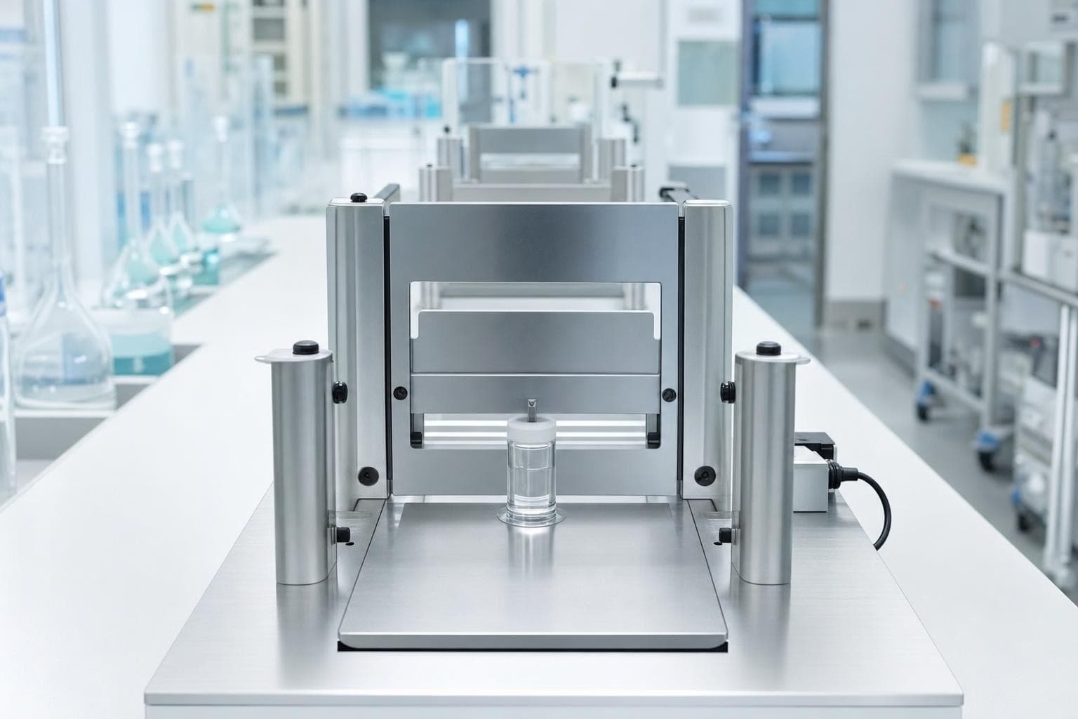Two identical stainless test stations in sequence on a bright lab bench, a sample held at a closed gate before the first station, unable to reach the second until it clears the first.
