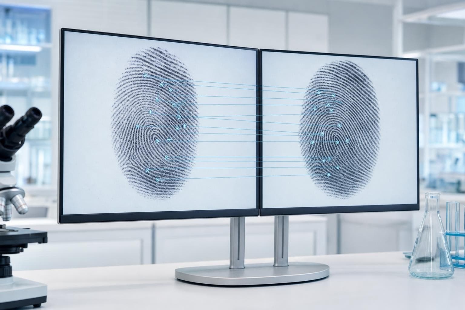 A forensic latent fingerprint comparison on a dual screen in a bright lab: two prints side by side with faint marked correspondence points between them.