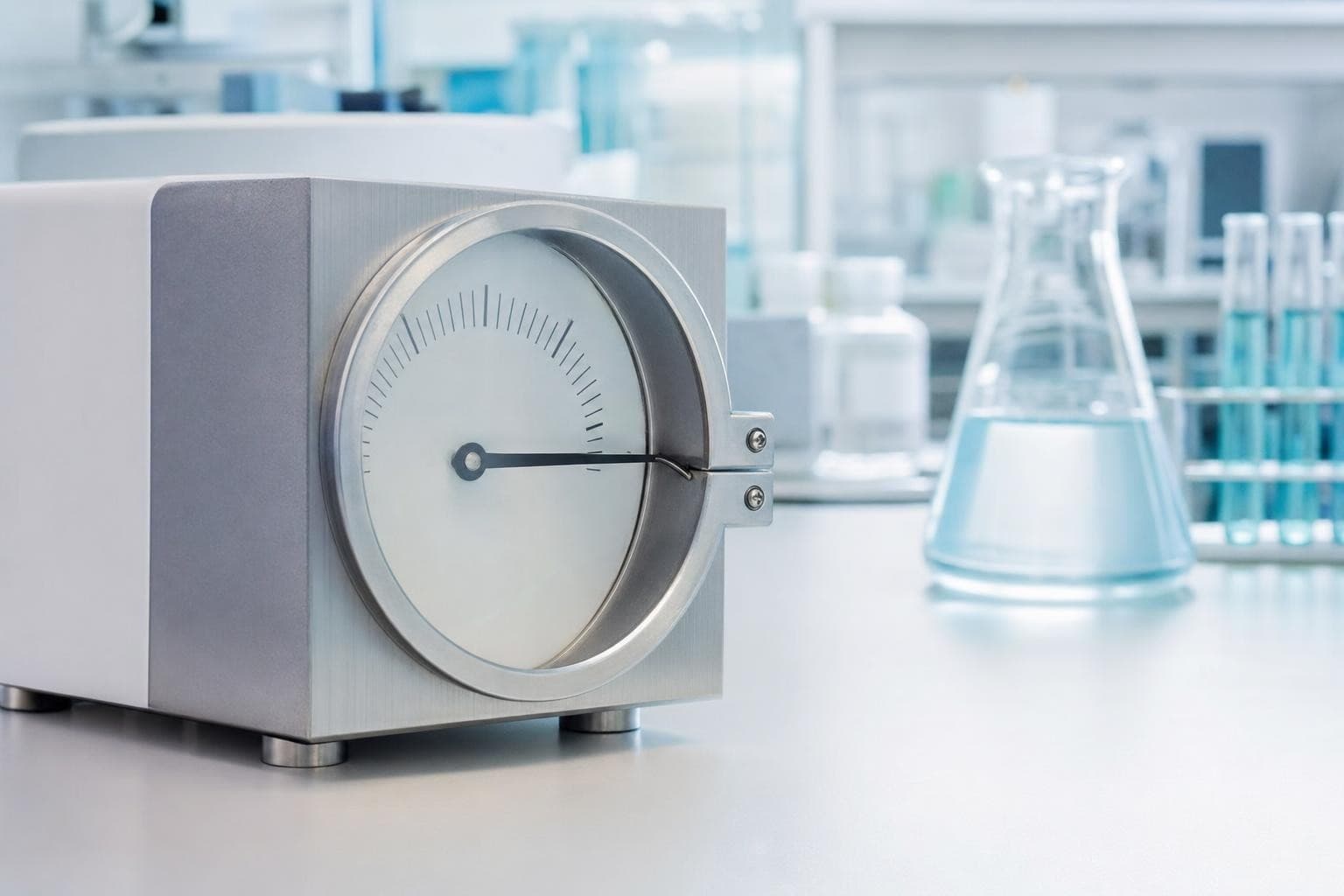 A clinical analogue instrument on a bright lab bench, its needle jammed hard past the end of its scale against a stop, deep in an out-of-range zone, an impossible over-the-limit reading.